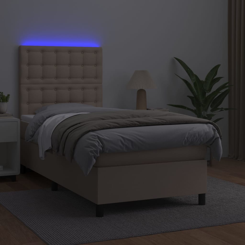 Krevet box spring madrac LED cappuccino 90x190cm umjetna koža