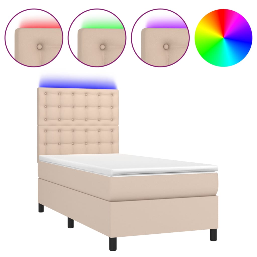 Krevet box spring madrac LED cappuccino 90x200cm umjetna koža