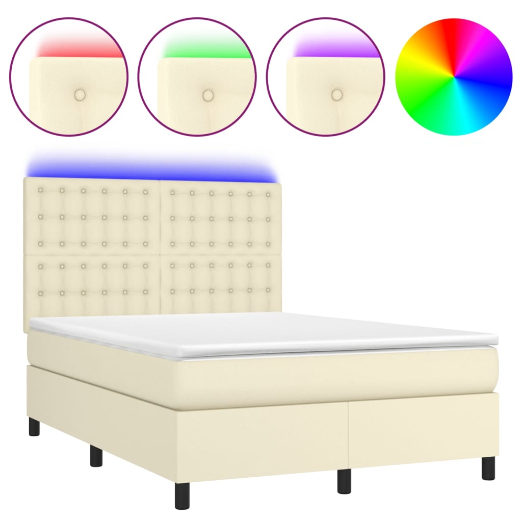 Krevet box spring s madracem LED krem 140x190cm od umjetne kože