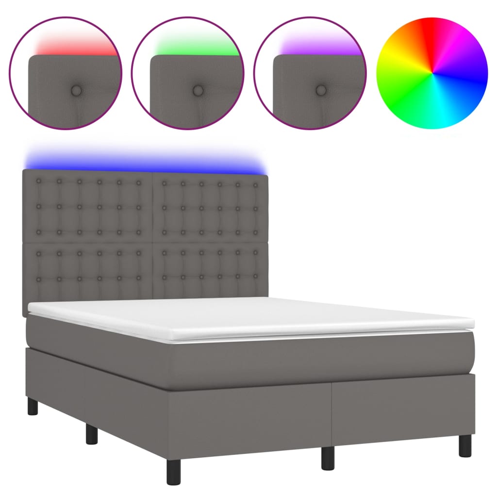 Krevet box spring s madracem LED sivi 140x190cm od umjetne kože