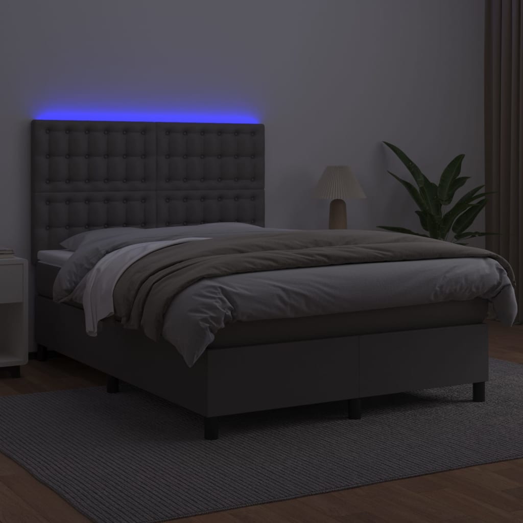 Krevet box spring s madracem LED sivi 140x190cm od umjetne kože