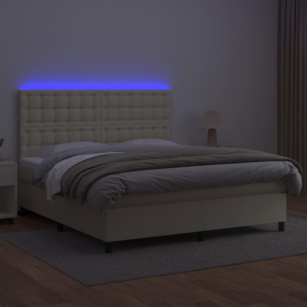 Krevet box spring s madracem LED krem 180x200cm od umjetne kože