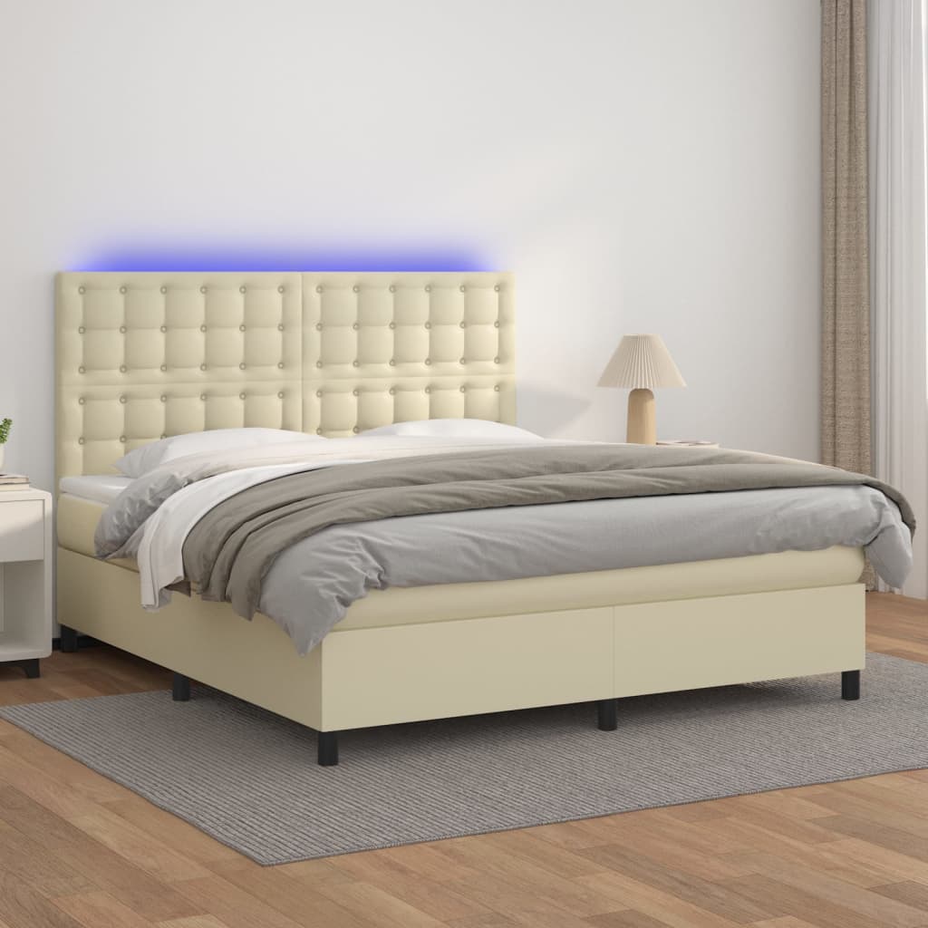 Krevet box spring s madracem LED krem 180x200cm od umjetne kože