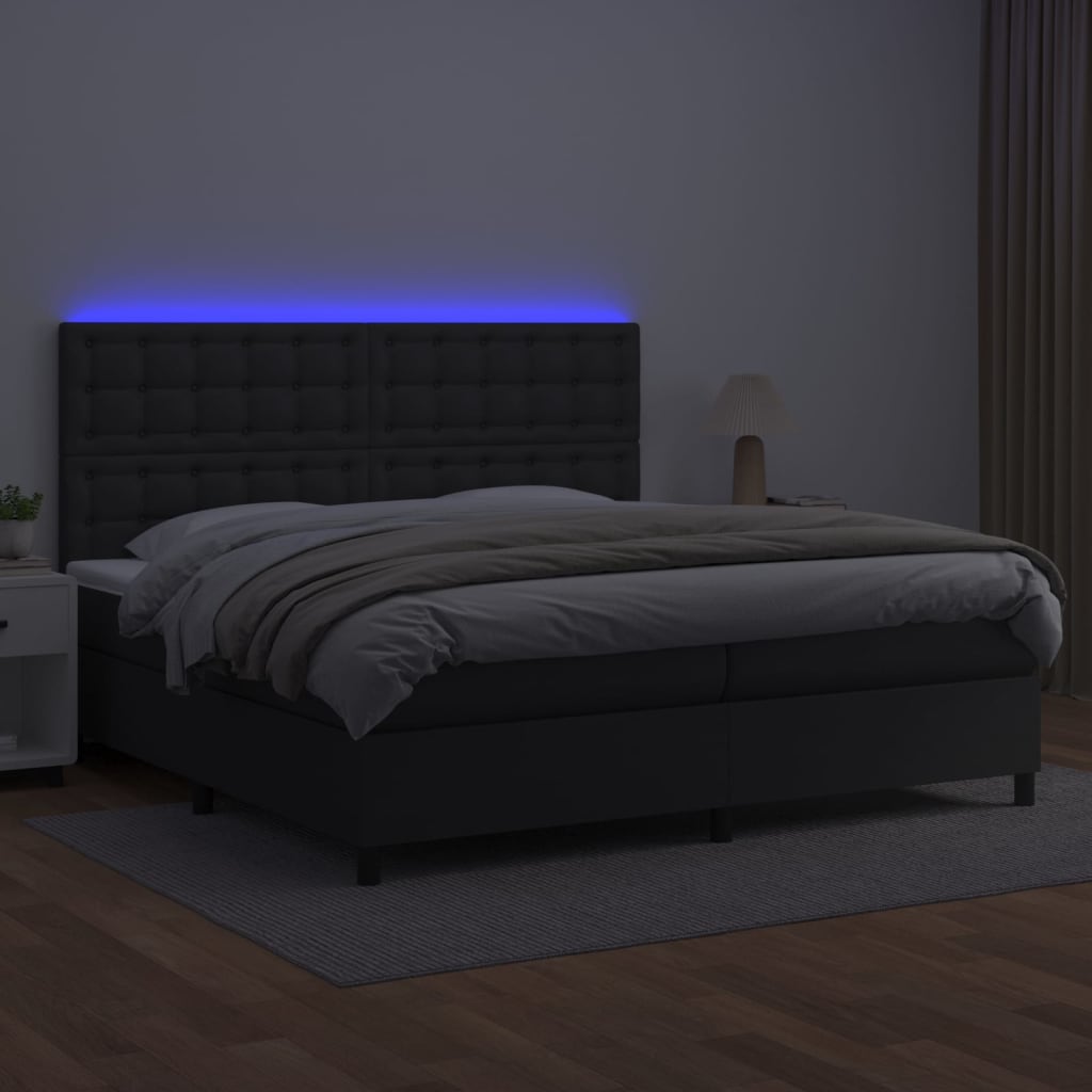 Krevet box spring s madracem LED crni 200x200cm od umjetne kože
