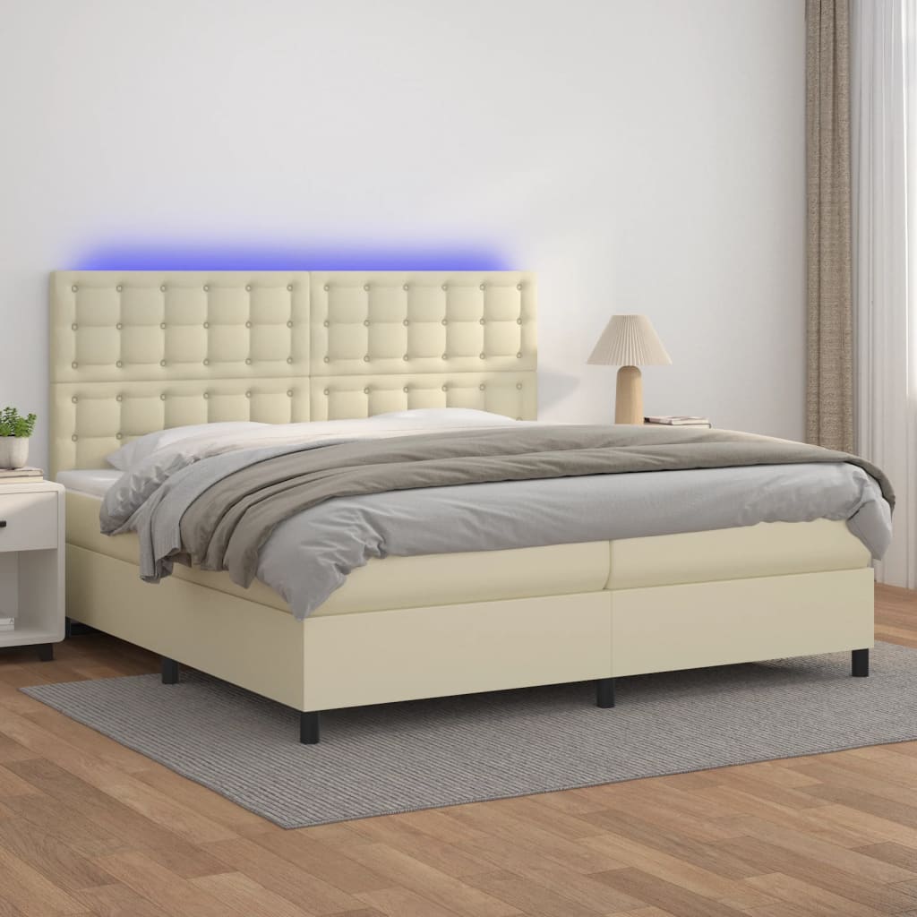 Krevet box spring s madracem LED krem 200x200cm od umjetne kože