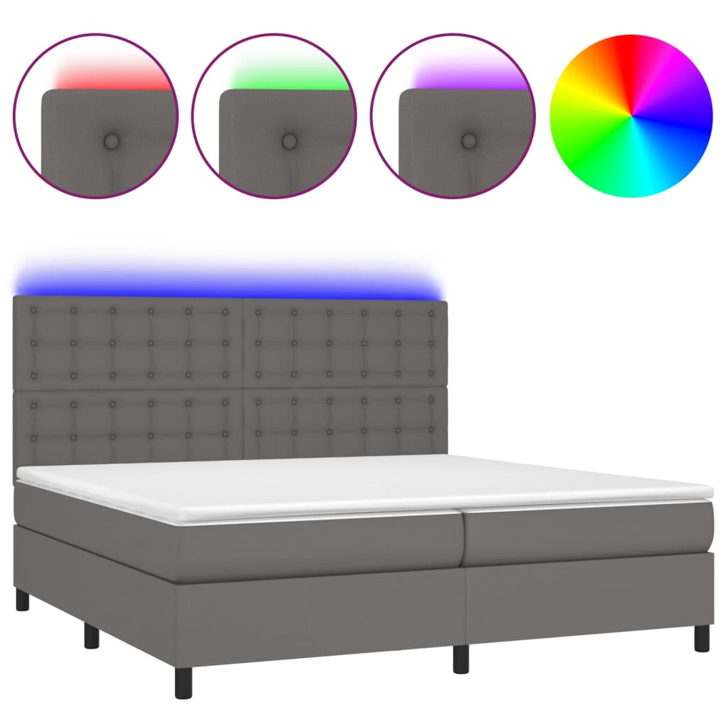 Krevet box spring s madracem LED sivi 200x200cm od umjetne kože