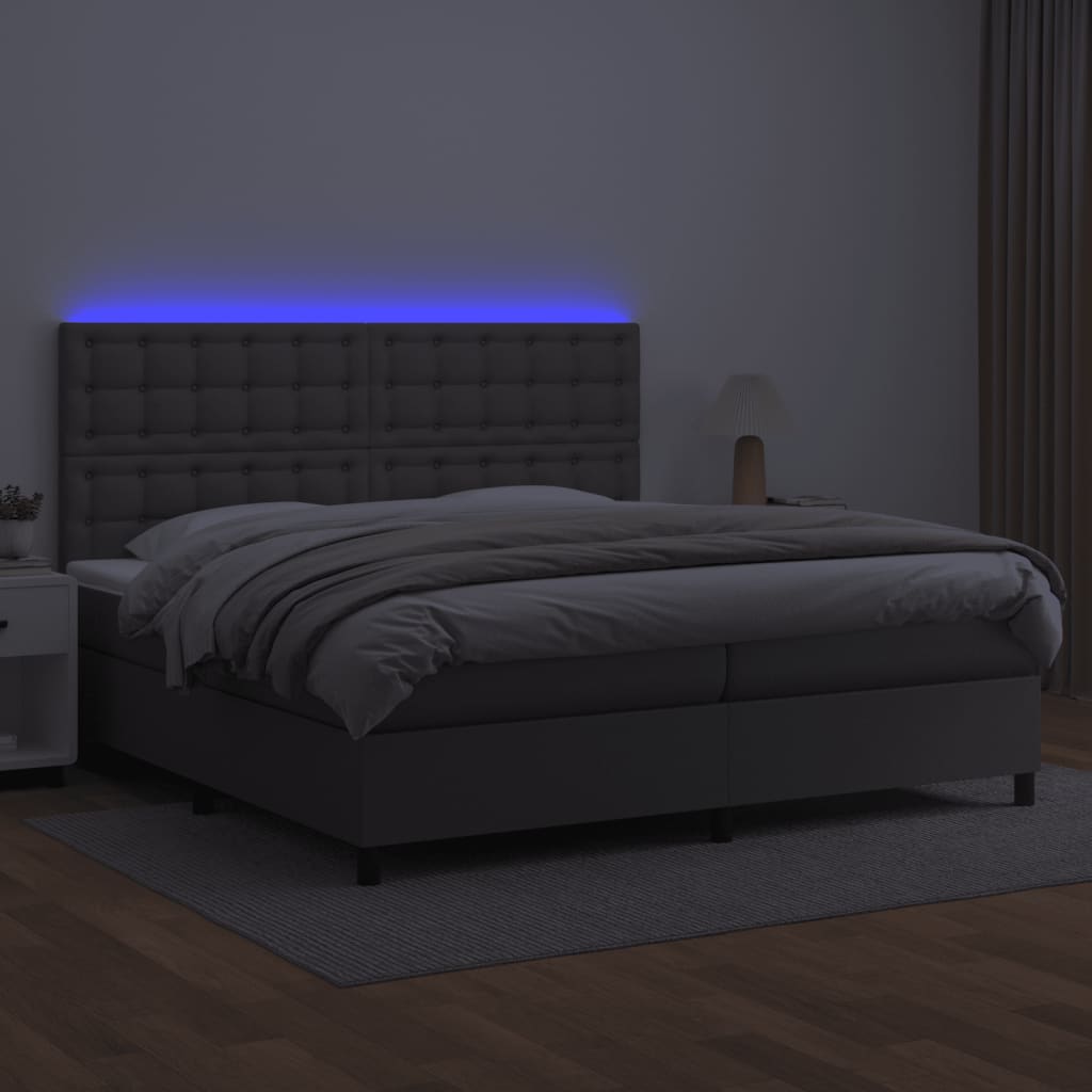 Krevet box spring s madracem LED sivi 200x200cm od umjetne kože