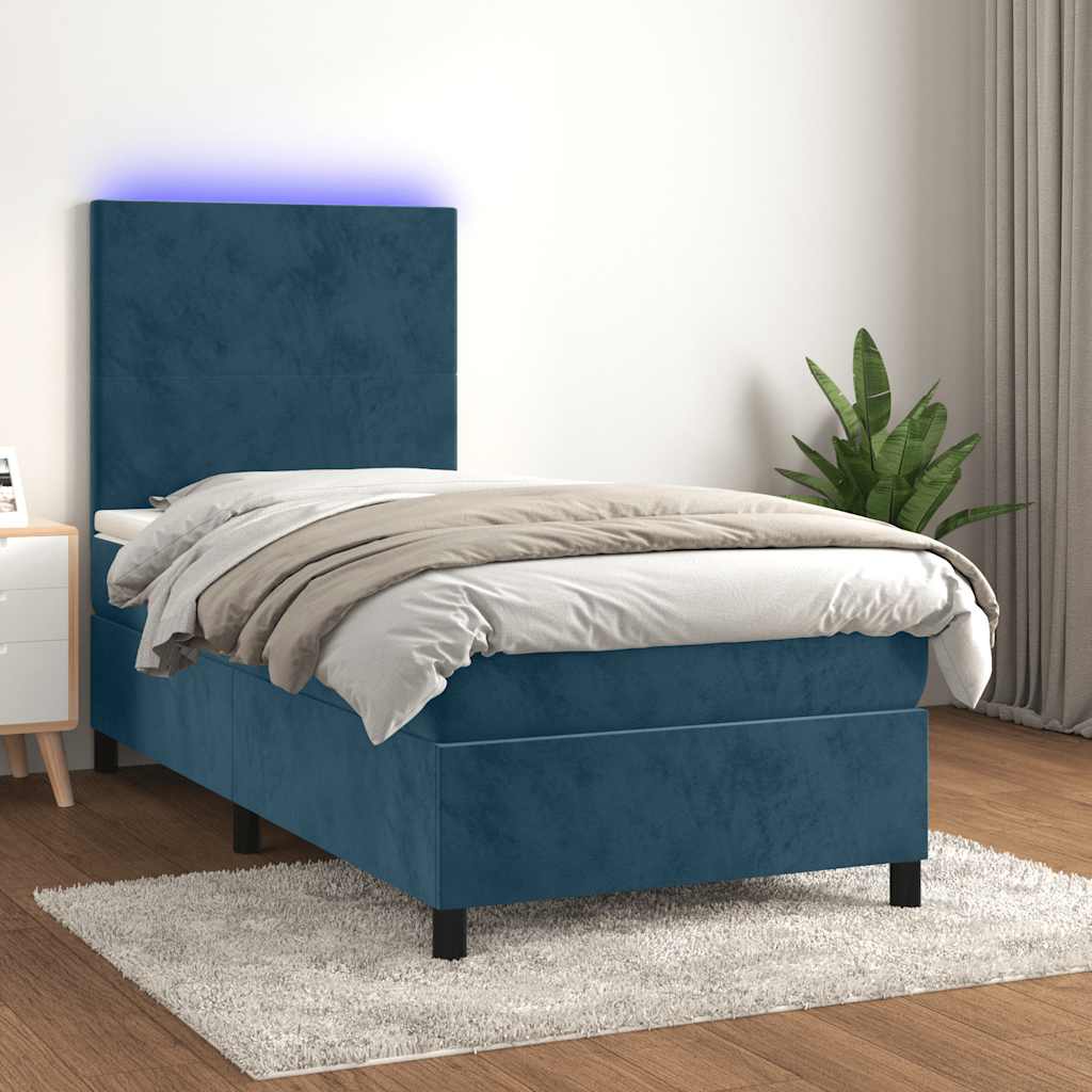 Krevet box spring s madracem LED tamnoplavi 80 x 200 cm baršun