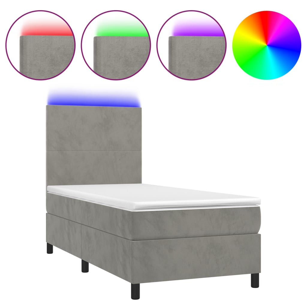 Krevet box spring s madracem LED svjetlosivi 90x190 cm baršun