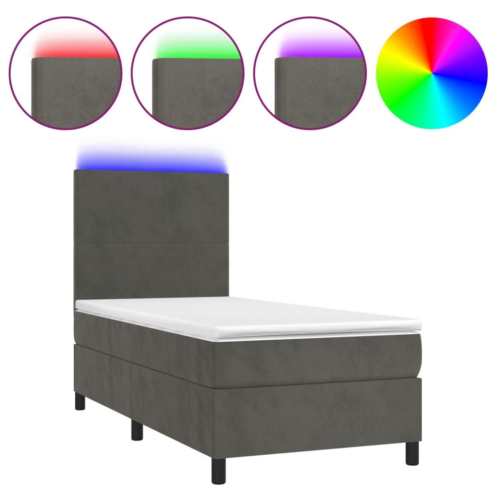 Krevet box spring s madracem LED tamnosivi 90x190 cm baršun