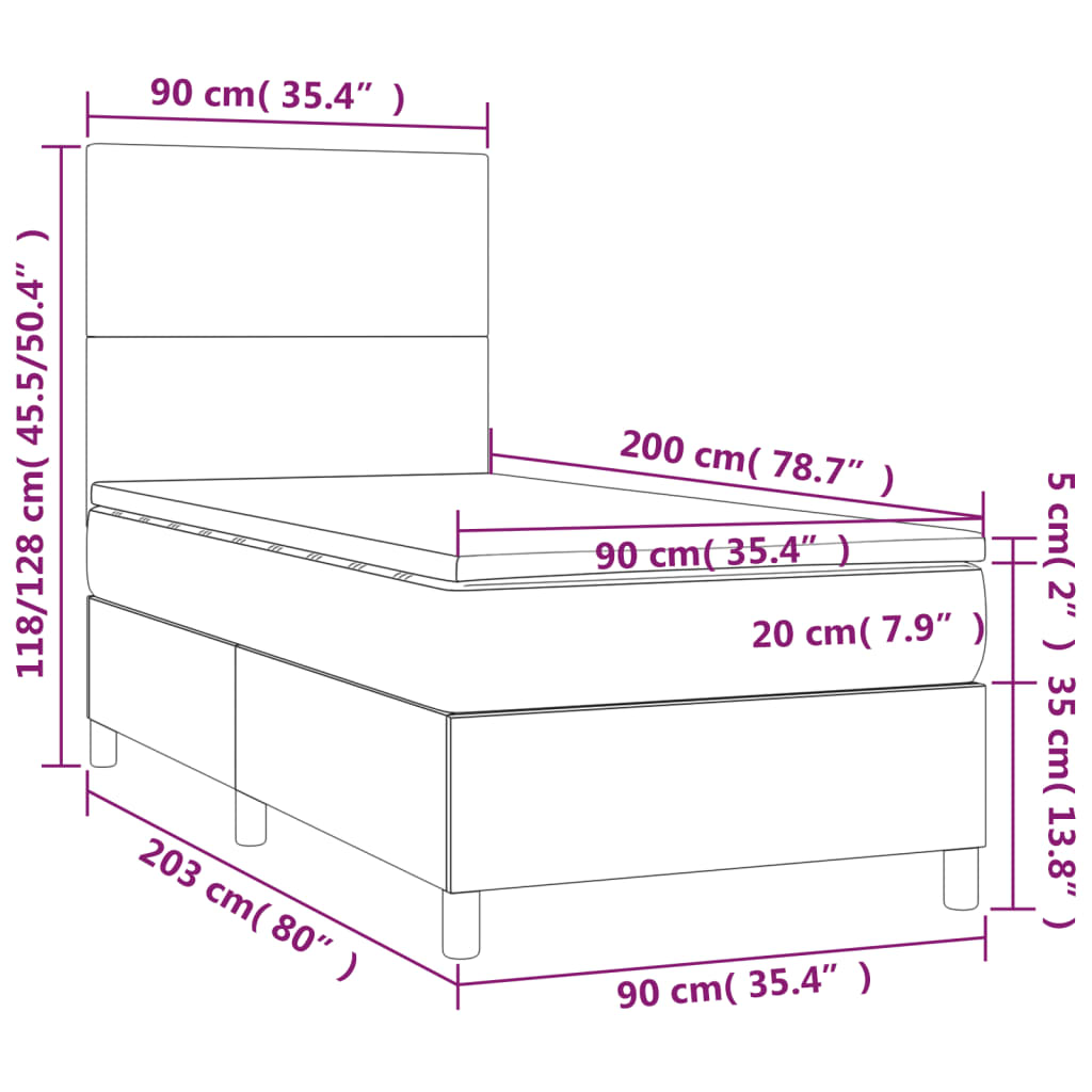 Krevet box spring s madracem LED crni 90x200 cm baršun
