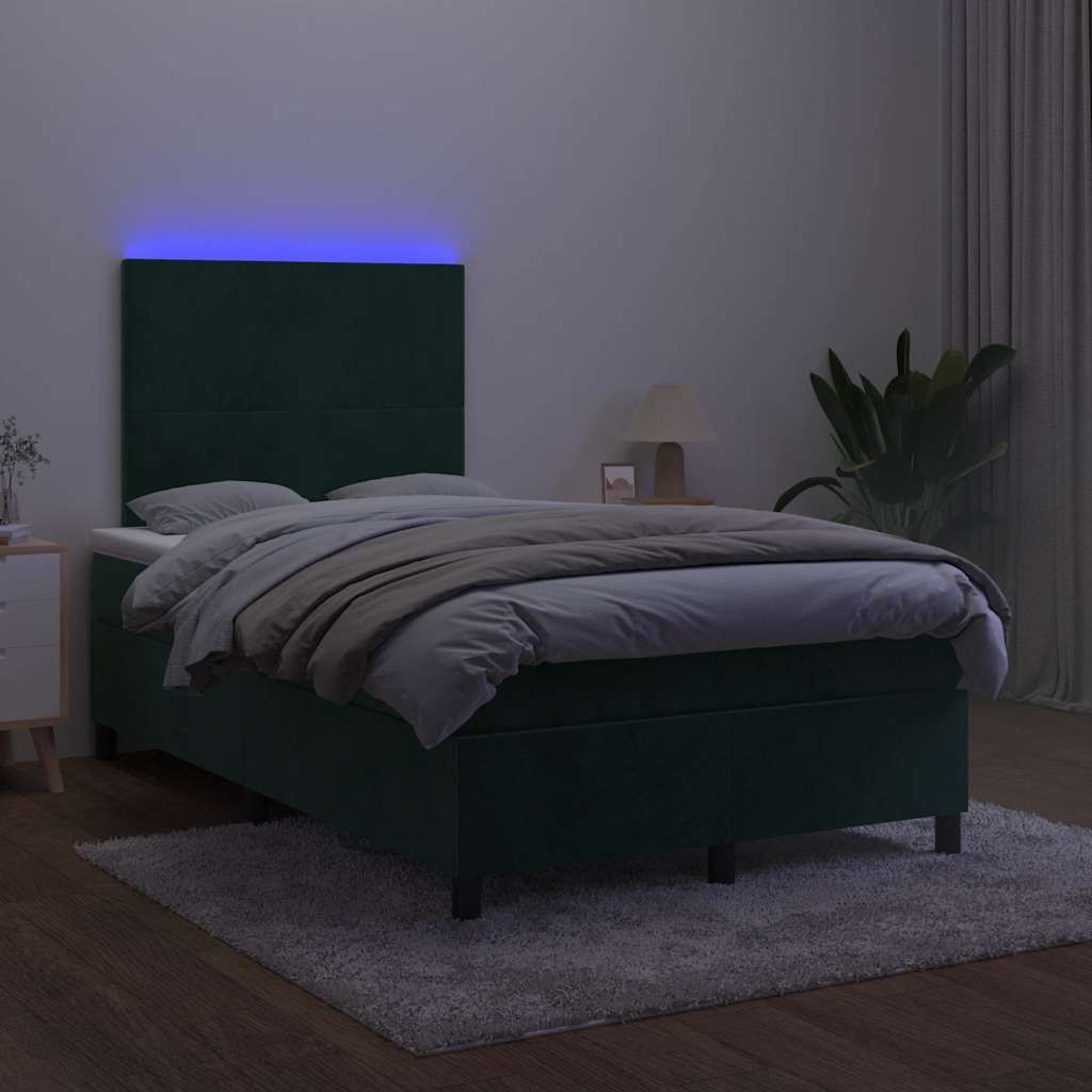 Krevet box spring s madracem LED tamnozeleni 120x200 cm baršun