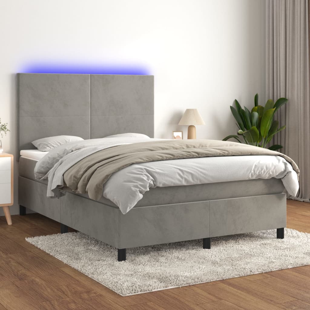 Krevet box spring s madracem LED svjetlosivi 140x190 cm baršun