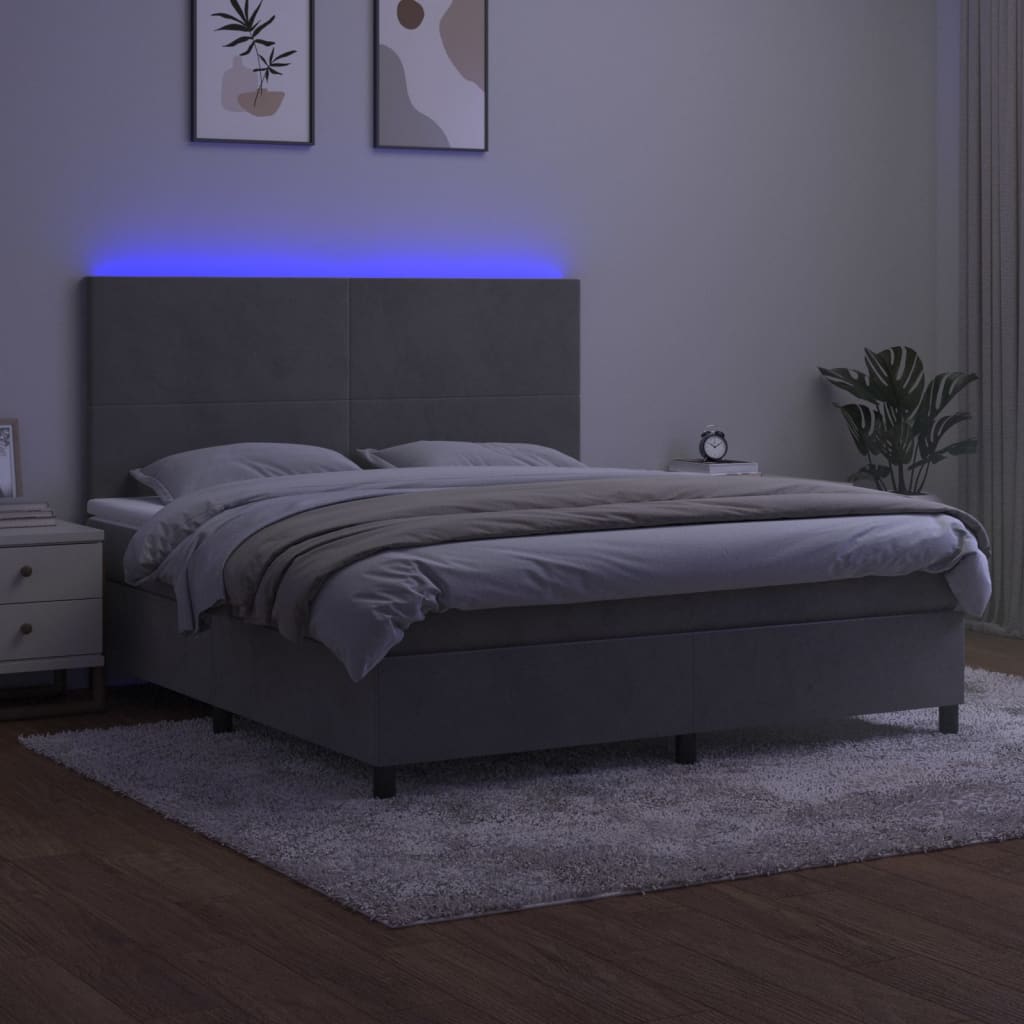 Krevet box spring s madracem LED svjetlosivi 160x200 cm baršun