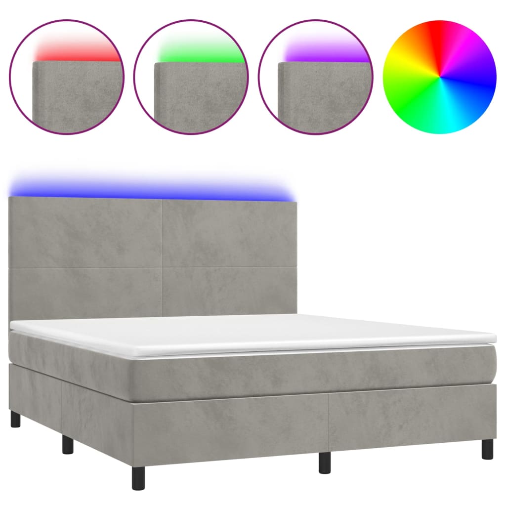 Krevet box spring s madracem LED svjetlosivi 180x200 cm baršun
