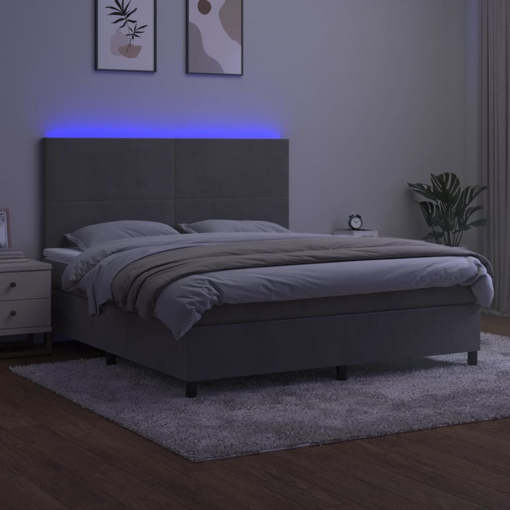 Krevet box spring s madracem LED svjetlosivi 180x200 cm baršun