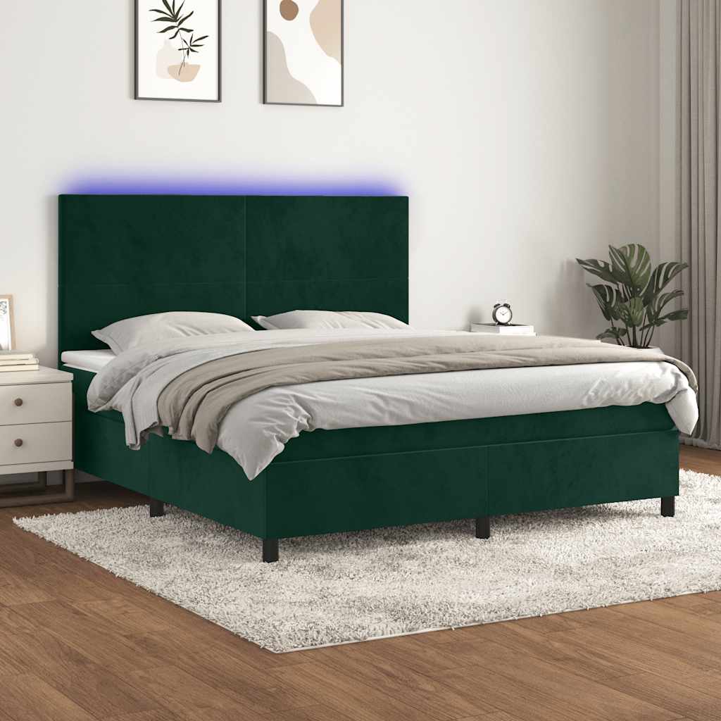 Krevet box spring s madracem LED tamnozeleni 180x200 cm baršun