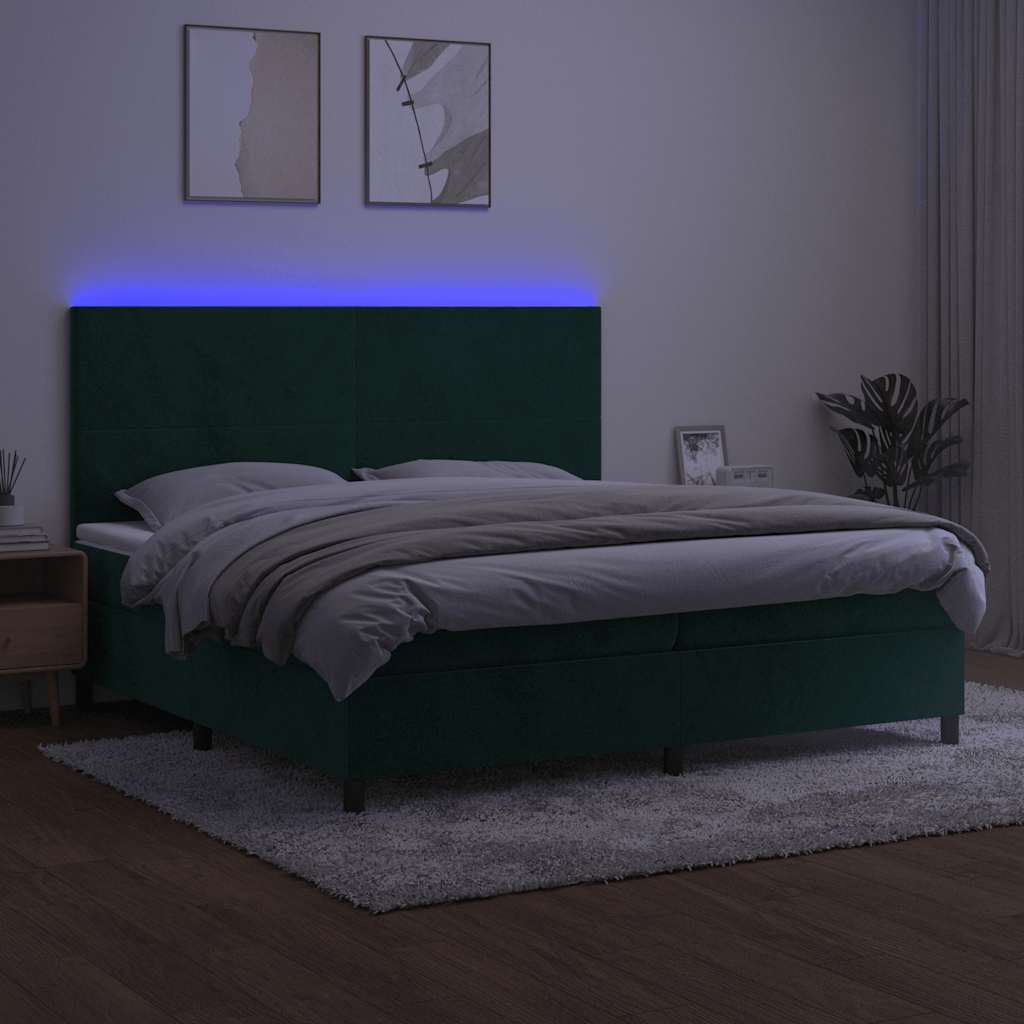 Krevet box spring s madracem LED tamnozeleni 200x200 cm baršun