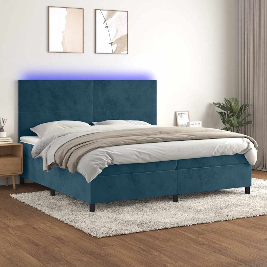 Krevet box spring s madracem LED tamnoplavi 200x200 cm baršun