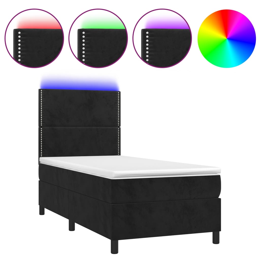 Krevet box spring s madracem LED crni 90x190 cm baršun