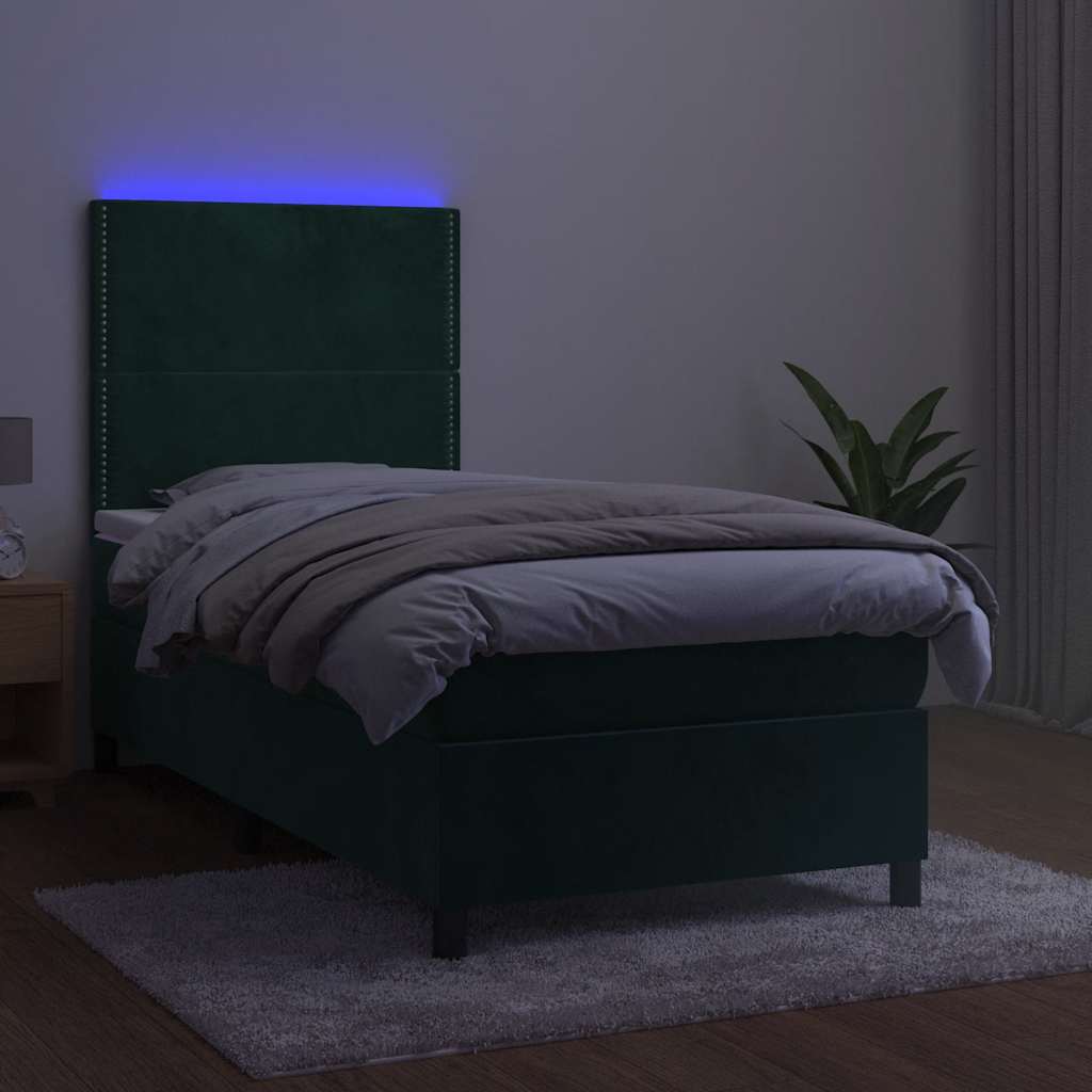 Krevet box spring s madracem LED tamnozeleni 90x200 cm baršun