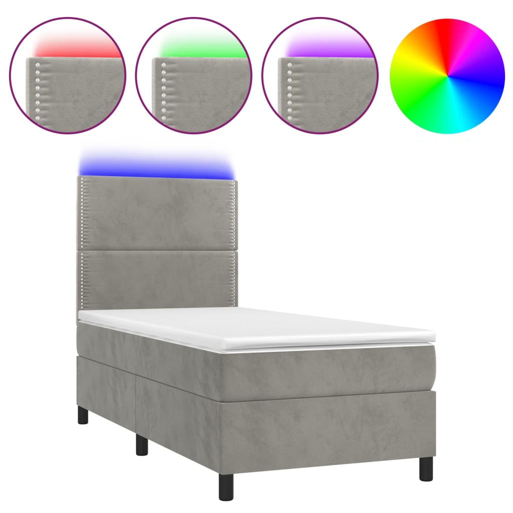 Krevet box spring s madracem LED svjetlosivi 100x200 cm baršun