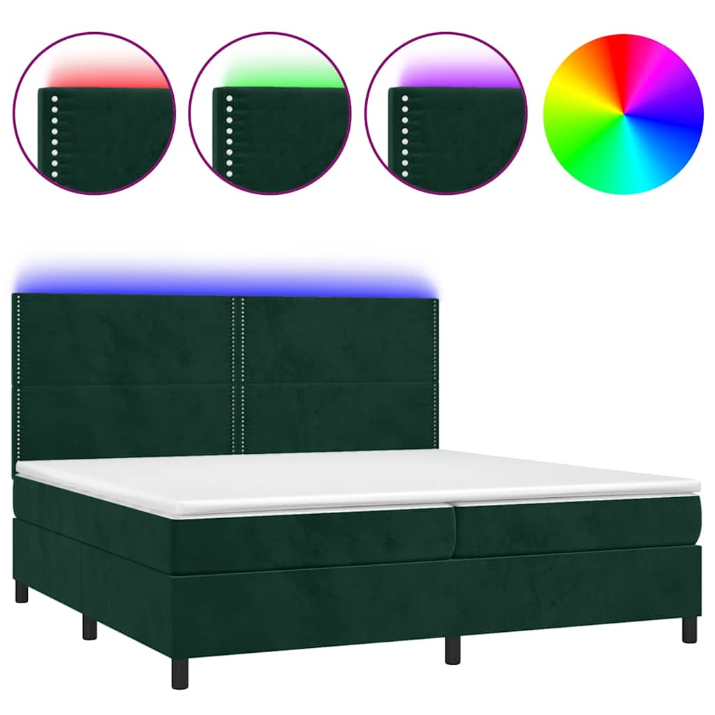 Krevet box spring s madracem LED tamnozeleni 200x200 cm baršun