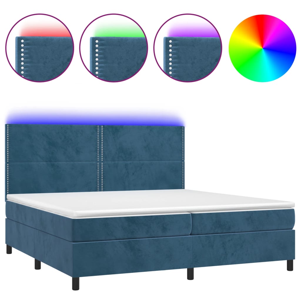 Krevet box spring s madracem LED tamnoplavi 200x200 cm baršun