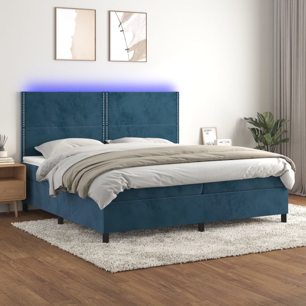 Krevet box spring s madracem LED tamnoplavi 200x200 cm baršun