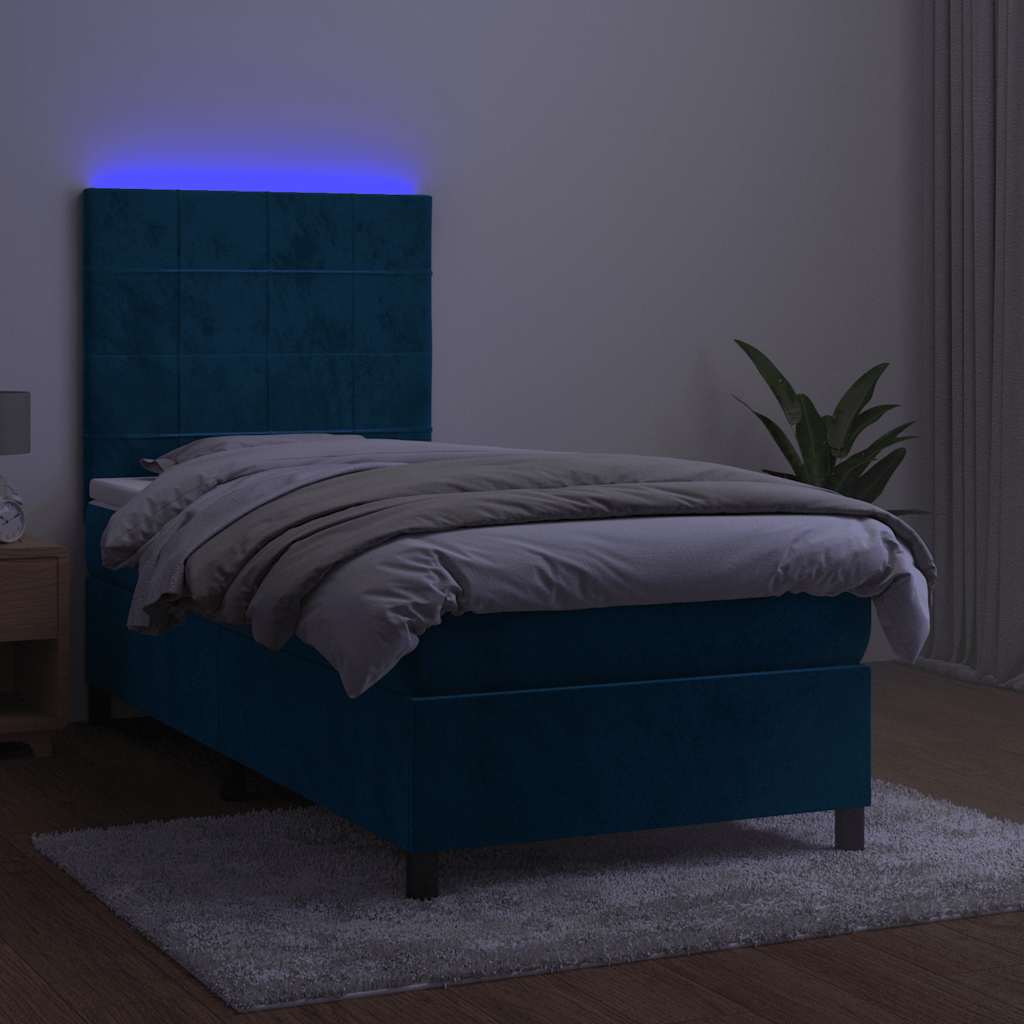 Krevet box spring s madracem LED tamnoplavi 80 x 200 cm baršun