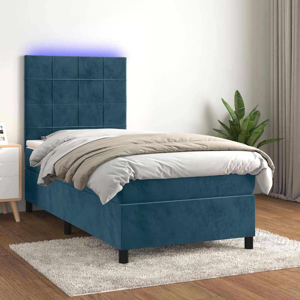 Krevet box spring s madracem LED tamnoplavi 80 x 200 cm baršun