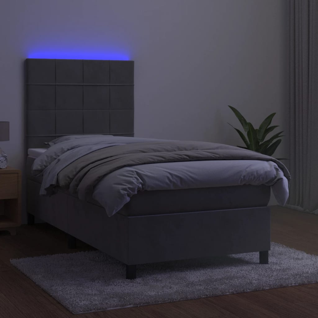 Krevet box spring s madracem LED svjetlosivi 90x190 cm baršun