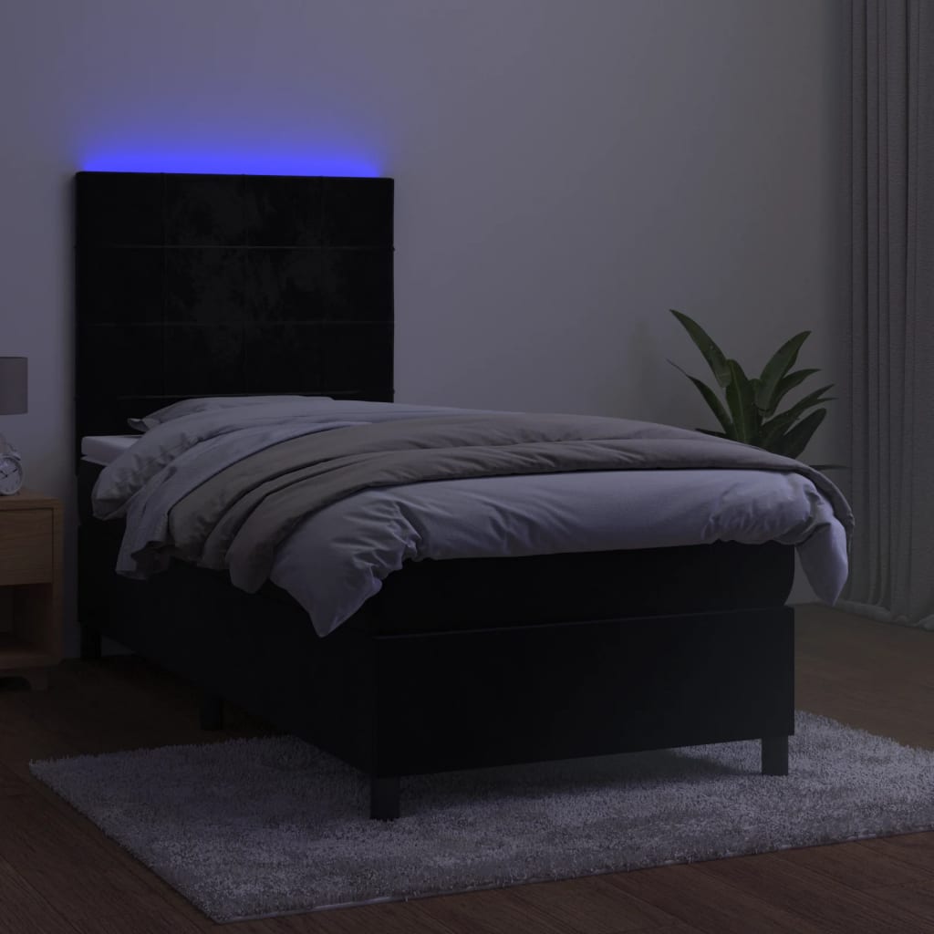 Krevet box spring s madracem LED crni 90x200 cm baršun