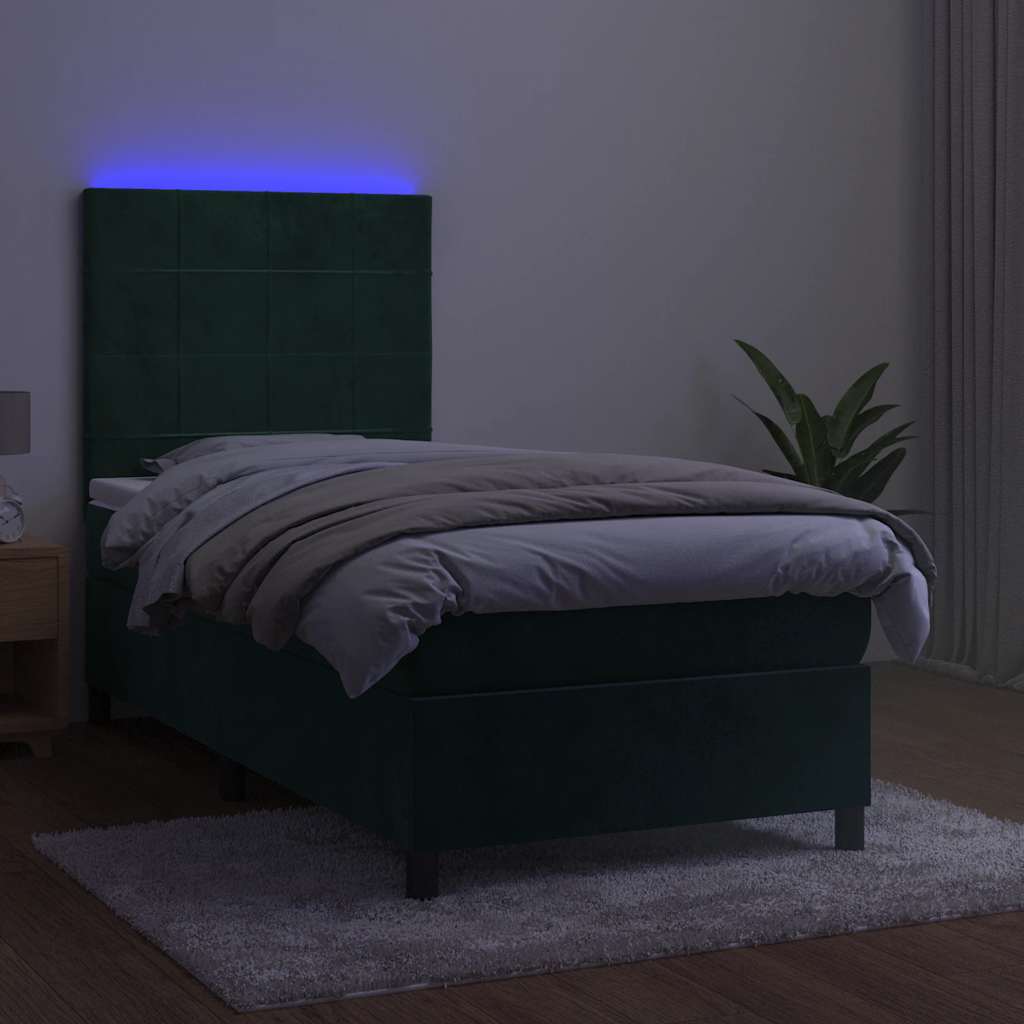 Krevet box spring s madracem LED tamnozeleni 100x200 cm baršun