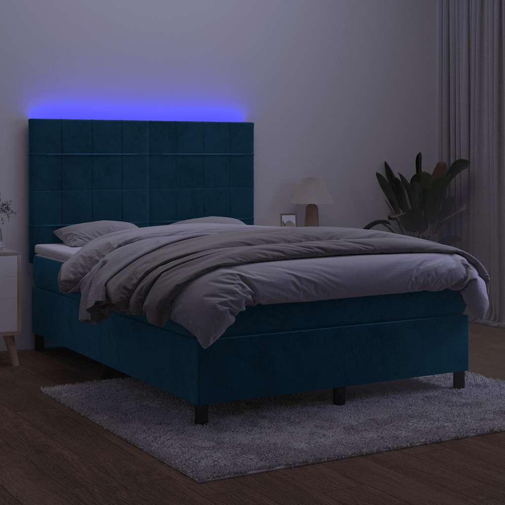 Krevet box spring s madracem LED tamnoplavi 140x190 cm baršun