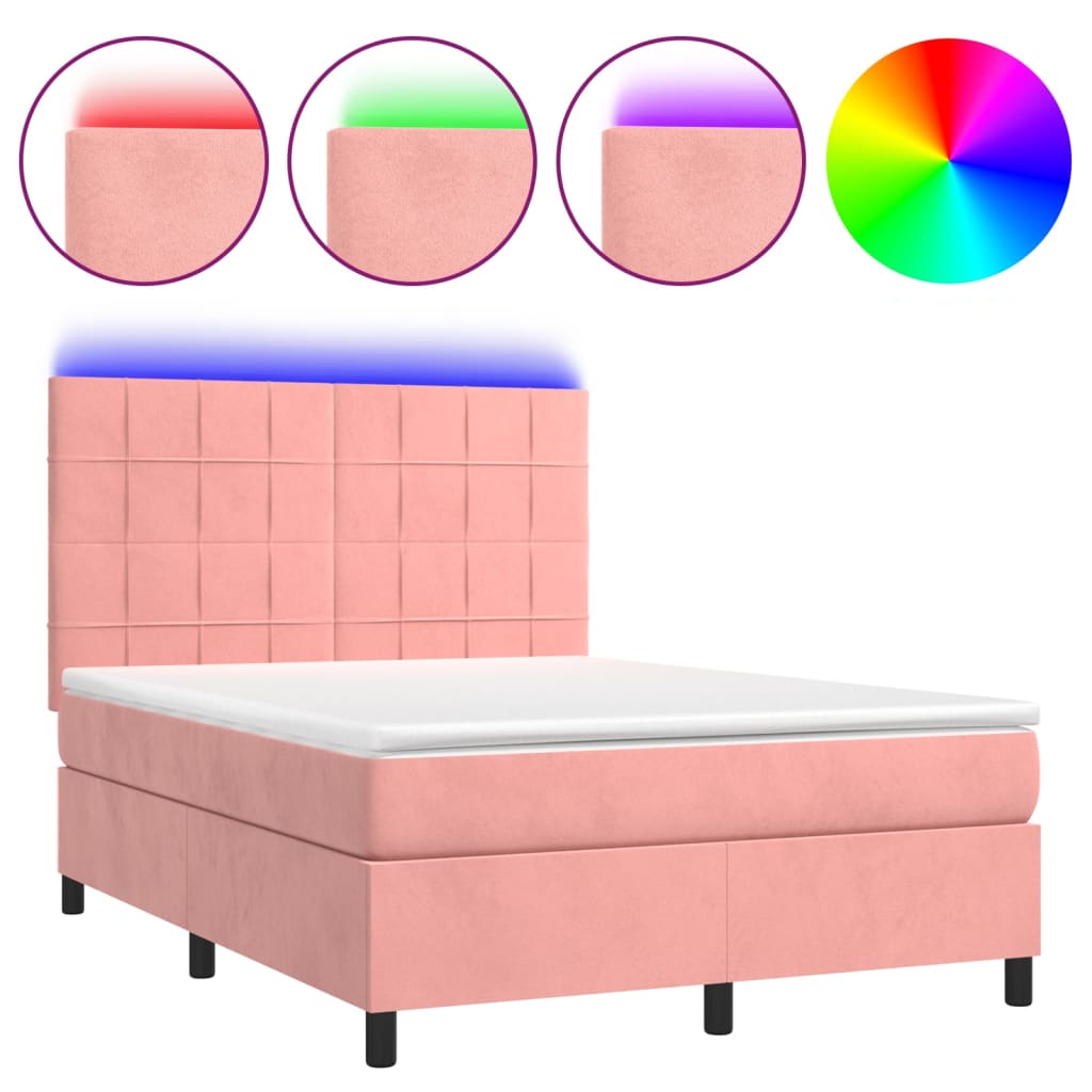 Krevet box spring s madracem LED ružičasti 140x190cm baršunasti