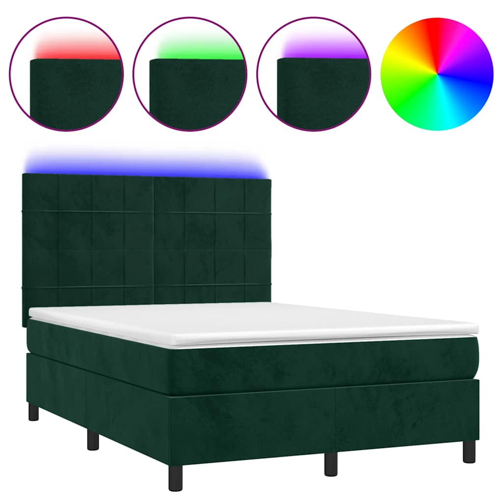 Krevet box spring s madracem LED tamnozeleni 140x200 cm baršun