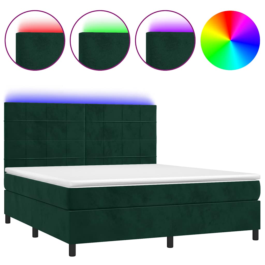 Krevet box spring s madracem LED tamnozeleni 180x200 cm baršun