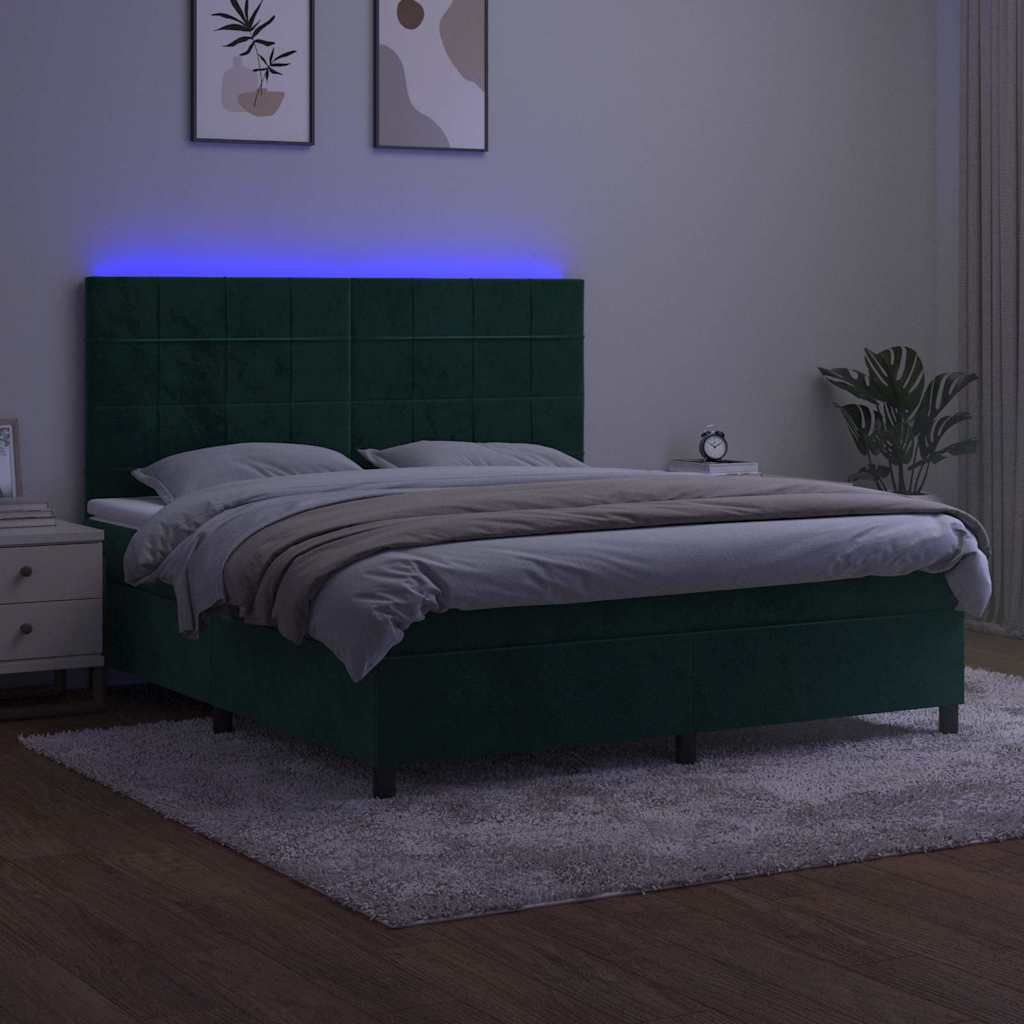 Krevet box spring s madracem LED tamnozeleni 180x200 cm baršun