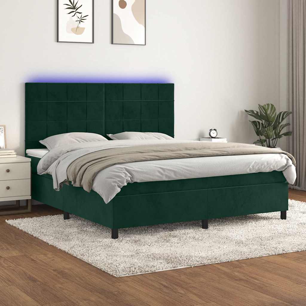 Krevet box spring s madracem LED tamnozeleni 180x200 cm baršun