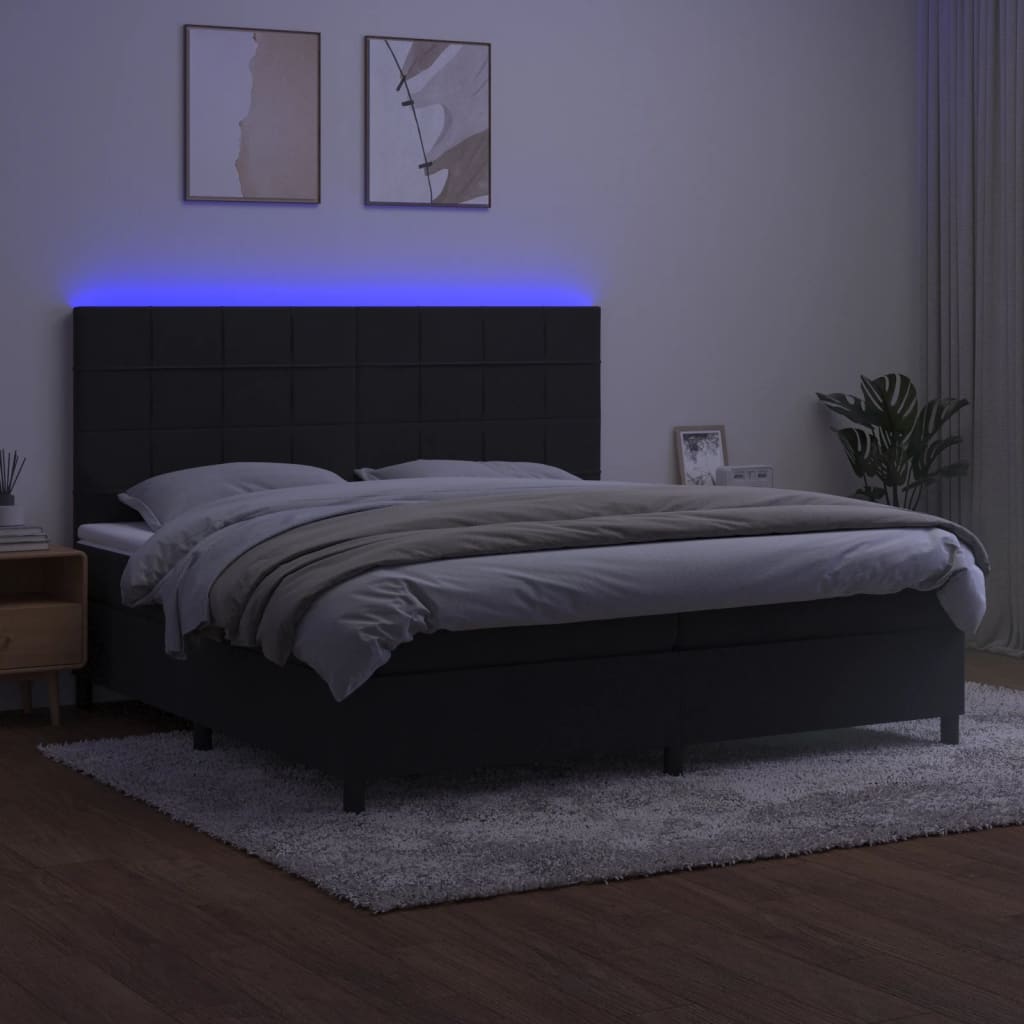 Krevet box spring s madracem LED crni 200x200 cm baršun