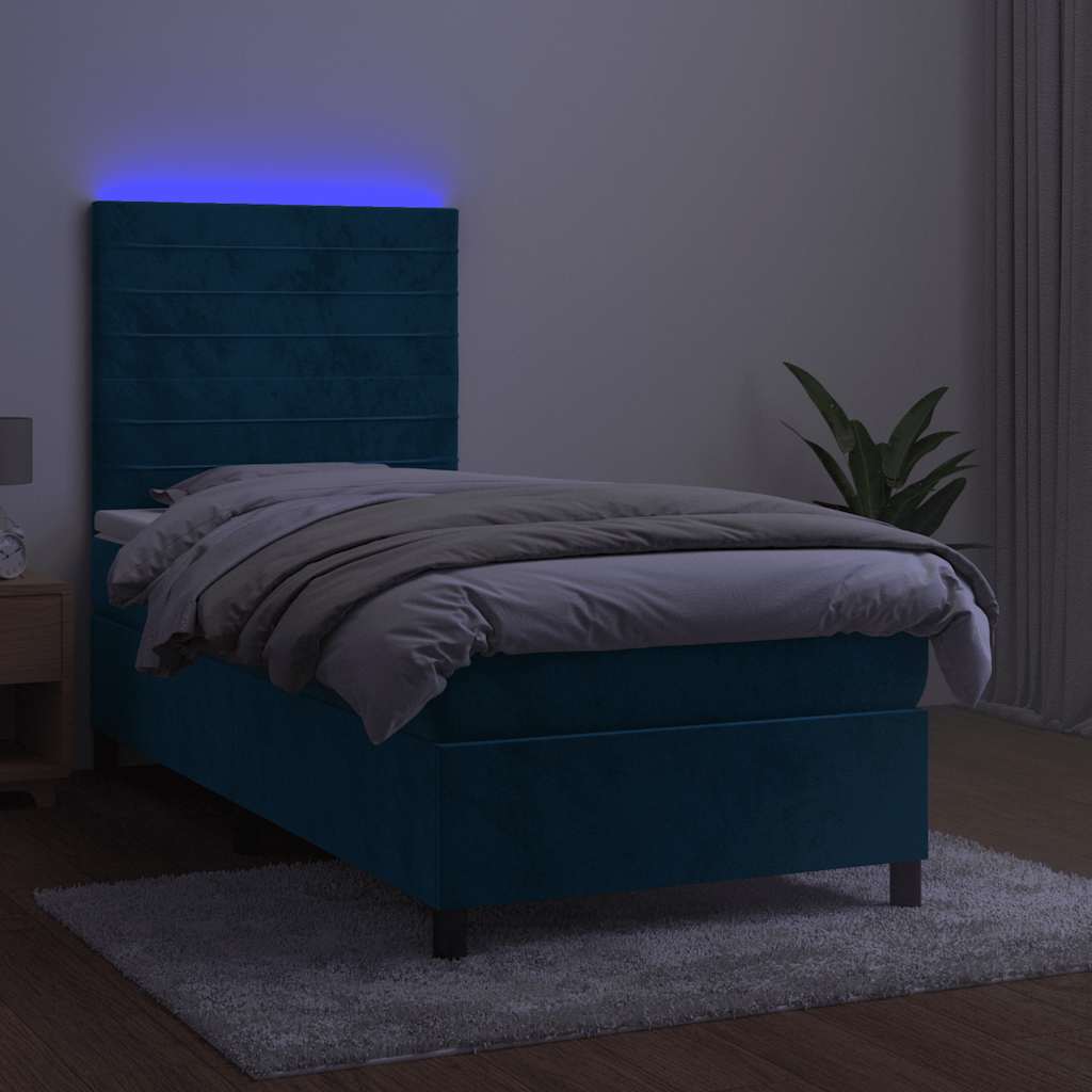 Krevet box spring s madracem LED tamnoplavi 80 x 200 cm baršun