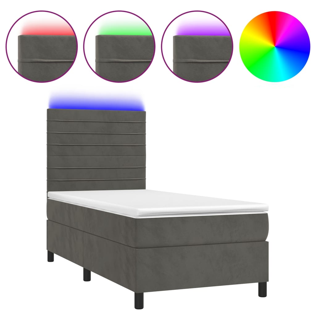 Krevet box spring s madracem LED tamnosivi 90x190 cm baršun