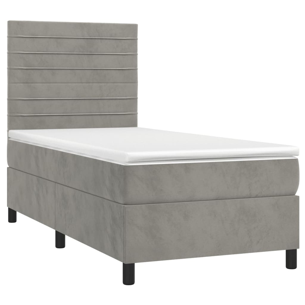 Krevet box spring s madracem LED svjetlosivi 100x200 cm baršun