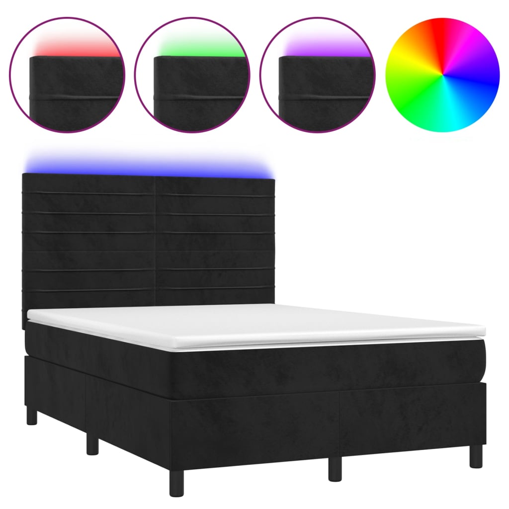 Krevet box spring s madracem LED crni 140x190 cm baršun