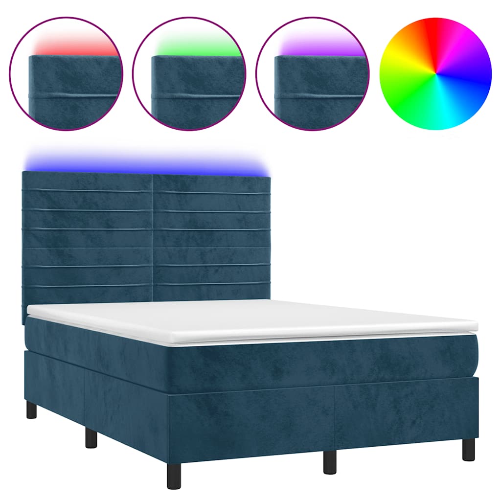 Krevet box spring s madracem LED tamnoplavi 140x190 cm baršun