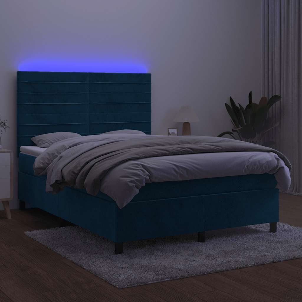 Krevet box spring s madracem LED tamnoplavi 140x190 cm baršun