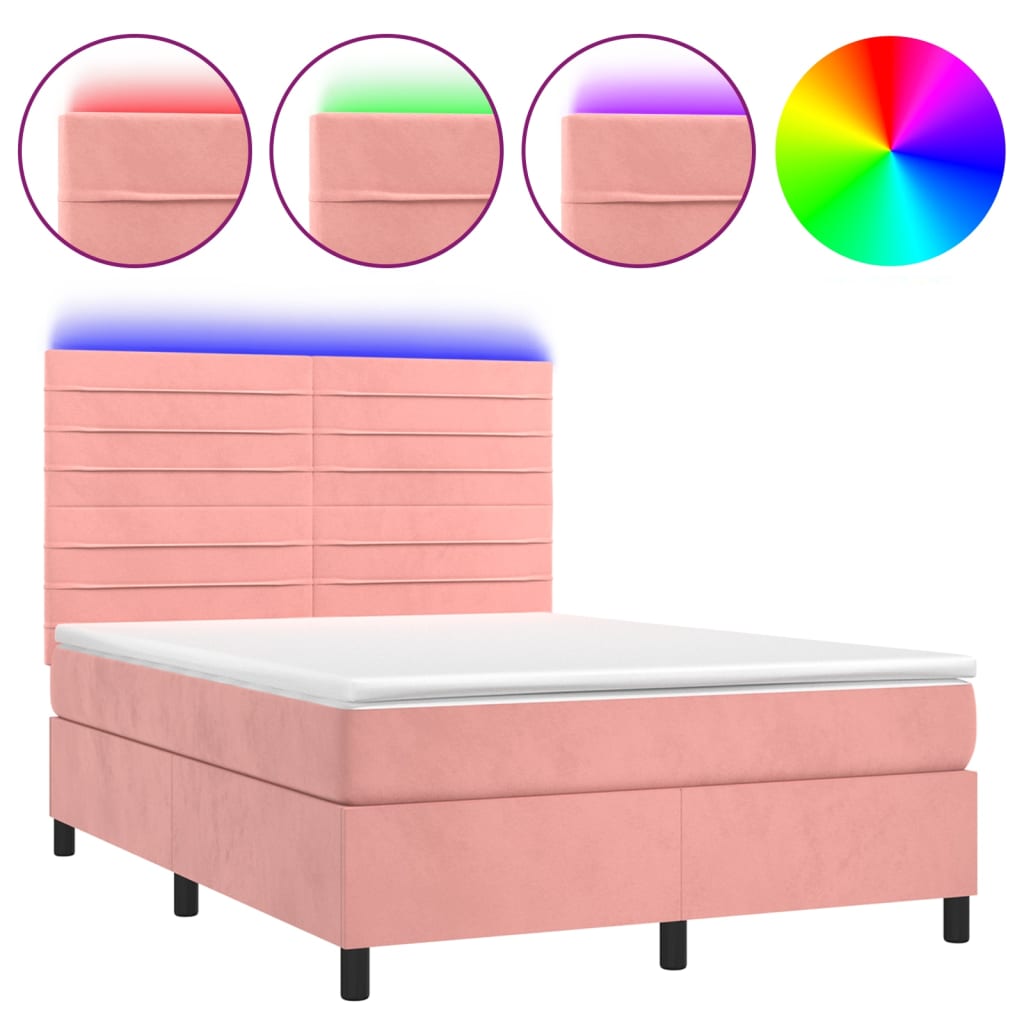 Krevet box spring s madracem LED ružičasti 140x190cm baršunasti