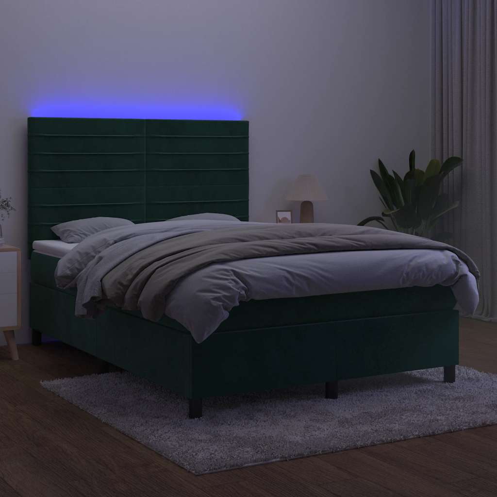 Krevet box spring s madracem LED tamnozeleni 140x200 cm baršun