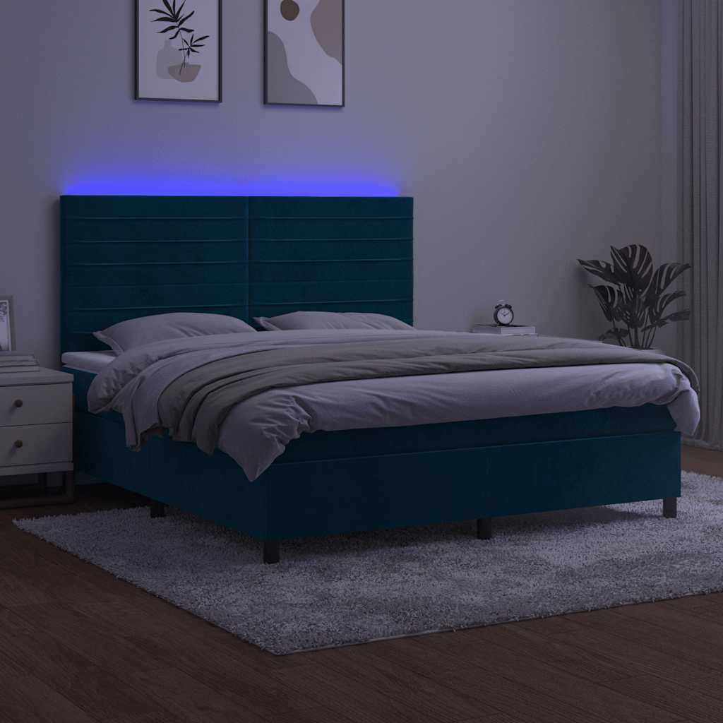 Krevet box spring s madracem LED tamnoplavi 160x200 cm baršun